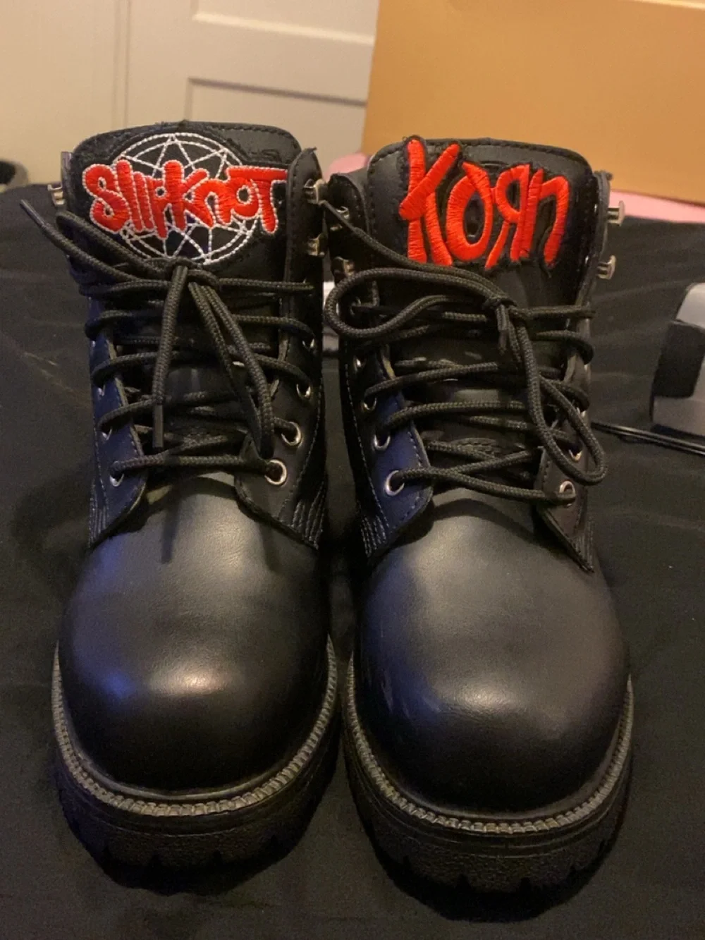 Black Men's Lace-Up Boots with Red Embroidered Band Logos
